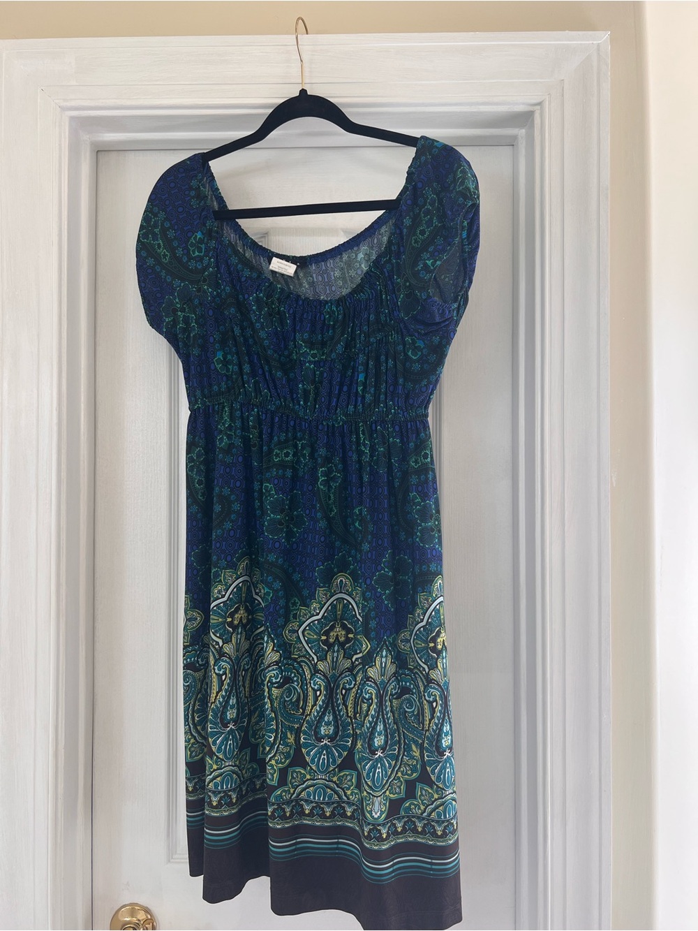 Tiana B Boho Paisley Border Print Midi Dress Size Large Blue Green